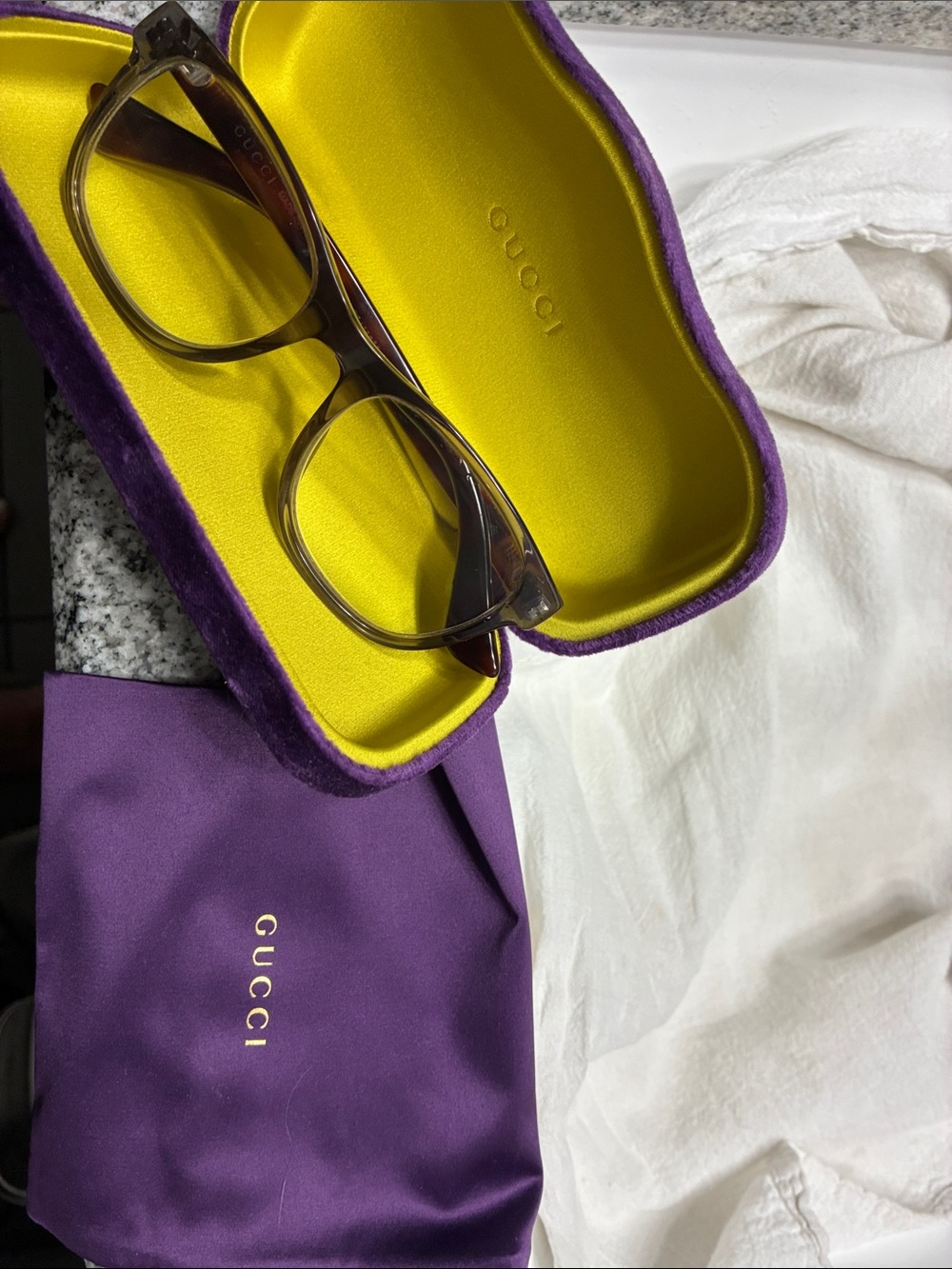 Gucci Brown Frame Eyeglasses with Purple Velvet Case and Yellow Lining